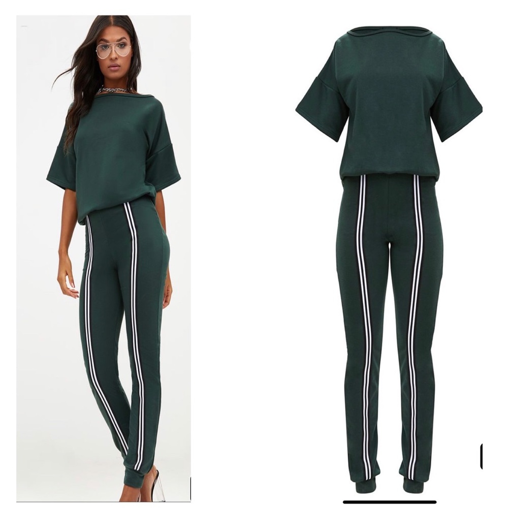 Forest Green Loop Back Sports Stripe Jumpsuit